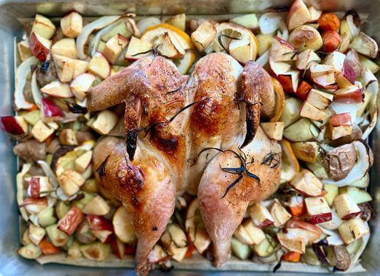 Spatchcocked Sheet Pan Whole Chicken with Fall Produce