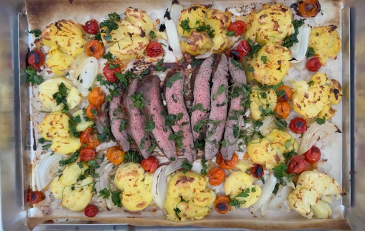 Sheet Pan Flank Steak with Smashed Potatoes