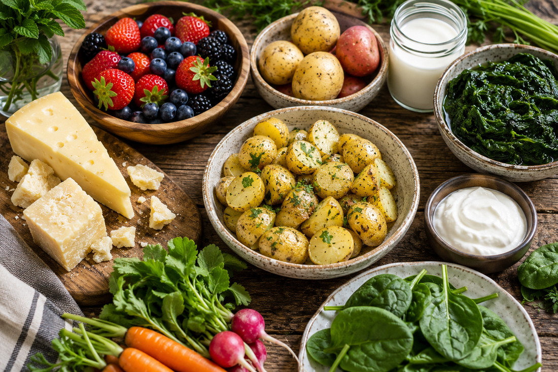 Oxalate-containing foods including potatoes, spinach, berries, and calcium-rich dairy foods that may reduce oxalate absorption