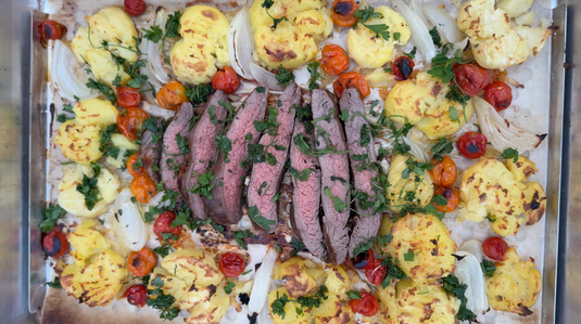 Sheet Pan Flank Steak with Smashed Potatoes