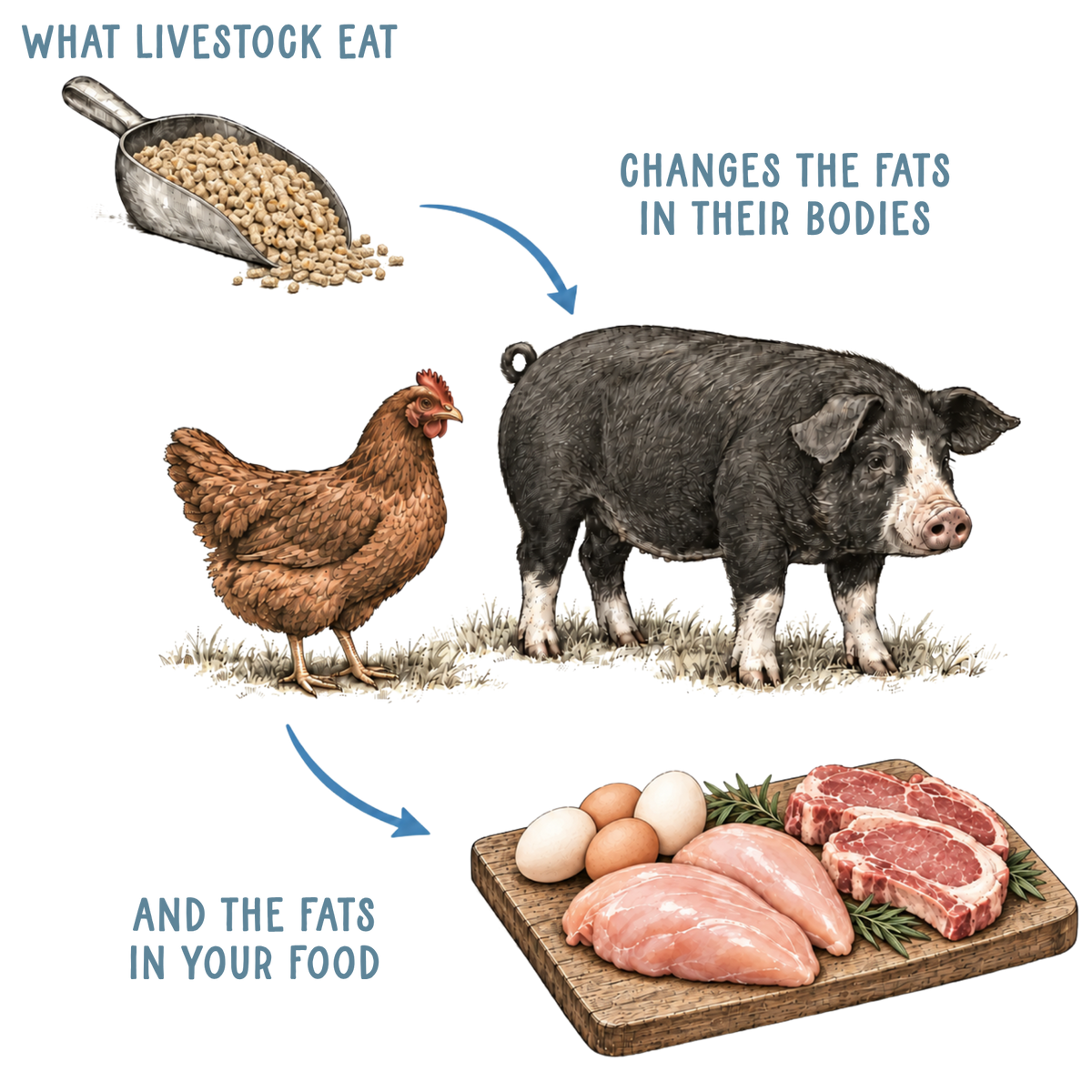 Illustration showing livestock feed leading to a pasture hen and pig, then to eggs, chicken and pork.